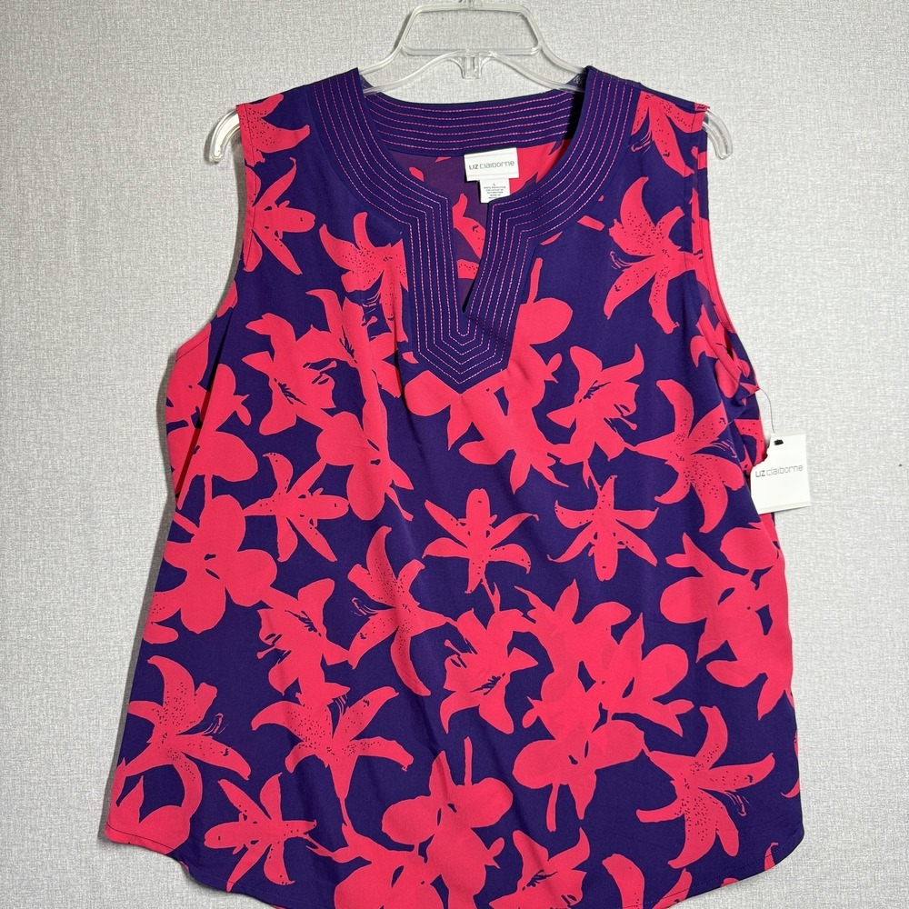 Liz Claiborne Tank Top Womens L Purple Pink Floral V Neck Sleeveless Tunic